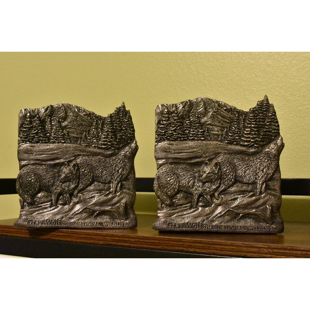Pair Of Heavy Pewter Bookends Gray Wolf 1992 National Wildlife Federation HEAVY